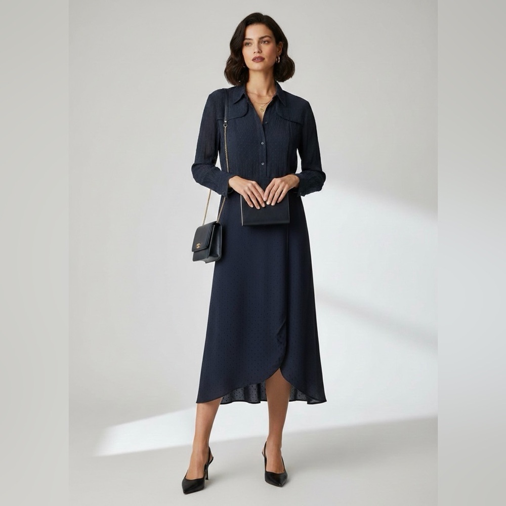 Sandro Paris Navy Swiss Dot Pleated Midi Shirt Dress Scallop Yoke 12